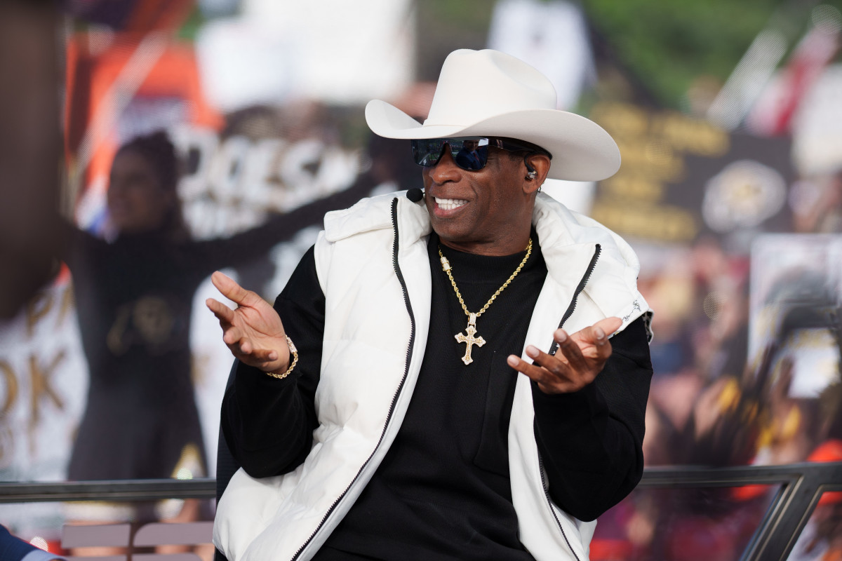  Colorado Buffaloes head coach Deion Sanders on the set of ESPN College GameDay prior to the game between the Colorado Buffaloes and the Colorado State Rams at Folsom Field